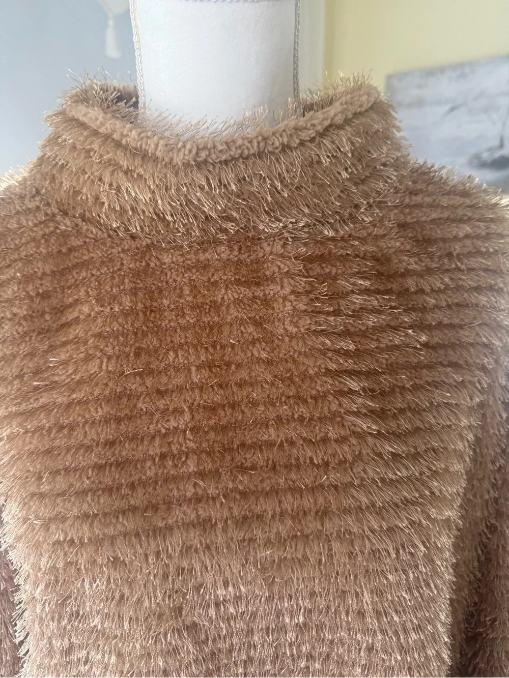 Vince Camuto tan brown textured eyelash knit, fluffy cowl neck tunic sweater